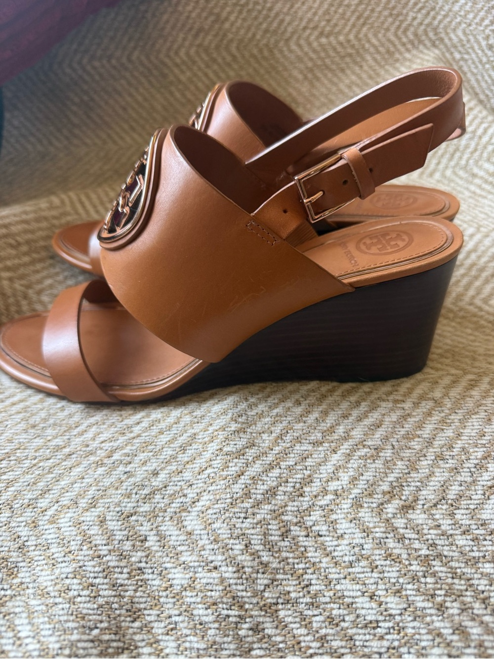 Tory Burch Tan Leather Logo Slingback Sandals - Picture 2 of 5